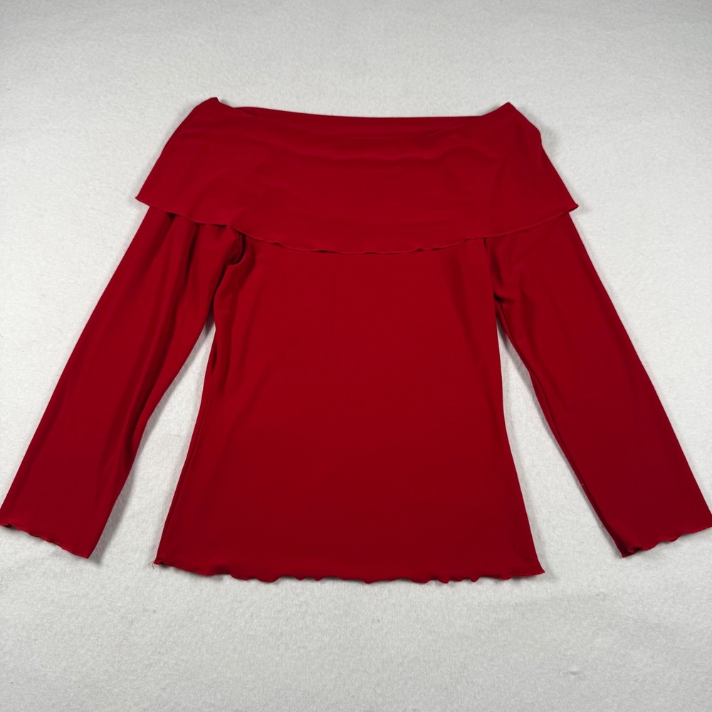 Vintage 90s Red Off The Shoulder Long Sleeve Lettuce Edge Top Women S/M
